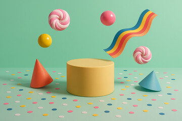 Pastel Candy-Themed Podium with Confetti and Oversized Sweets