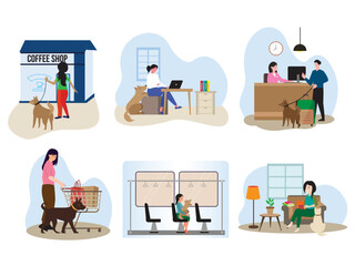 dog friendly people pet owner companion animals public cafe store grocery shop office workplace transport illustration background
