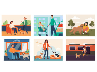 dog friendly people pet owner companion animals public cafe store grocery shop office workplace transport illustration background