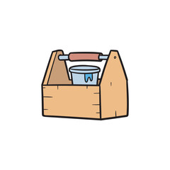 Wooden toolbox with paint can and handle in simple illustration style &ndash; stock vector flat illustration