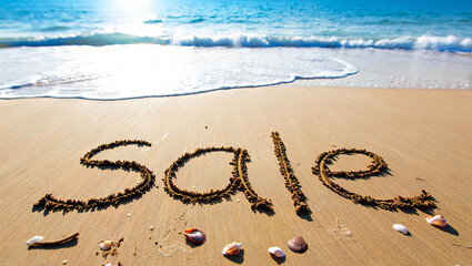 A clear sunny day at the beach features the word sale artistically written in sand, with small seashells scattered nearby and waves gently lapping at the shore
