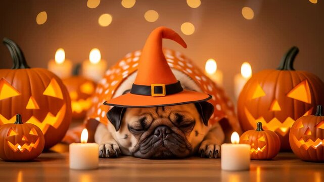 Cute pug dog and adorable pet animal wearing orange witch hat, polka dot cape and costume, surrounded by glowing jack o lanterns and candles, cozy festive Halloween atmosphere, warm playful lighting
