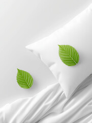 Two green leaves rest gracefully on a white bed pillow and sheets, evoking serenity and calmness. Suitable for nature themed designs.