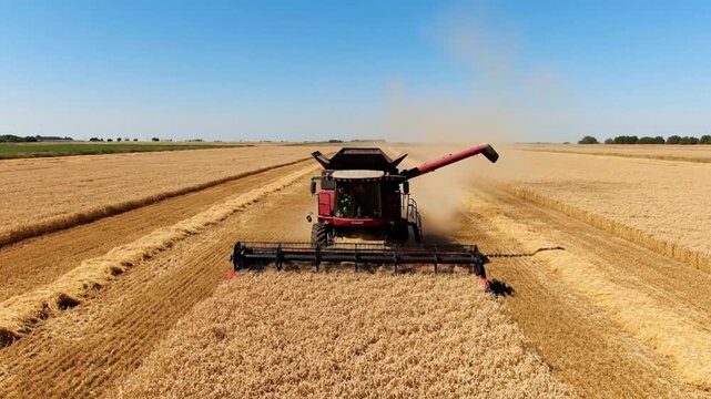Drone aerial view combine harvester working golden wheat field