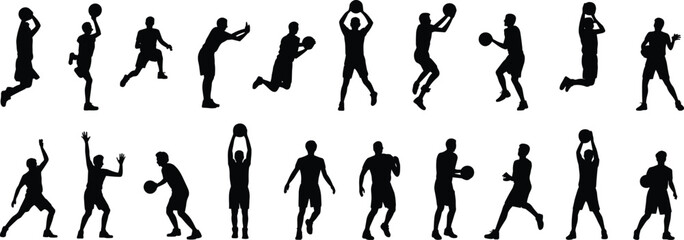 Basketball player silhouettes in dynamic action, dribbling, shooting, jumping, defending, isolated vector sports icons for athletic design, motion concept.