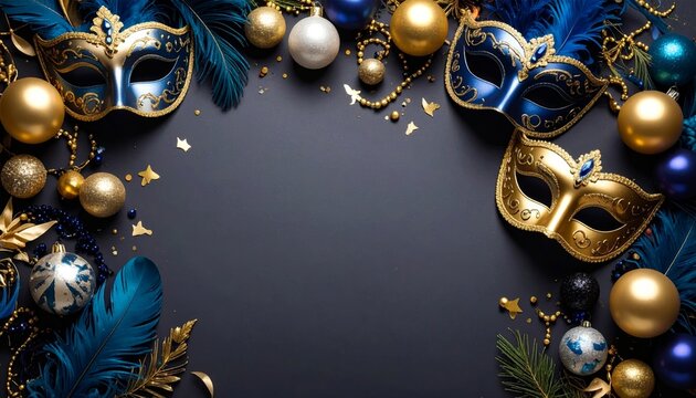 Elegant masquerade ball flat lay with masks and ornaments background