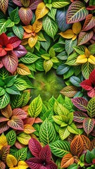 Naklejka premium Colorful spring foliage with fresh green leaves arranged in a vibrant and intricate pattern