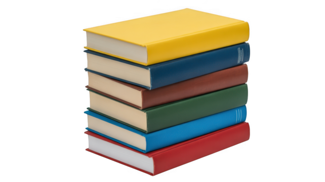 A stack of colorful hardcover books arranged vertically isolated on transparent background