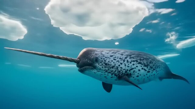 Majestic narwhal swimming gracefully beneath icebergs in a serene Arctic ocean landscape