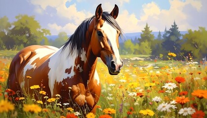 Horse in a field of flowers under a bright sky