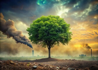 Fototapeta premium A lone tree stands against a polluted sky with toxic waste scattered around it