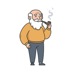 Elderly caucasian male cartoon character with pipe and sweater – stock vector flat illustration