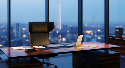 Empty executive office overlooks the city skyline at dusk, showcasing a sleek desk, modern chair, and ambient lighting in a corporate setting, creating a sense of ambition and success.