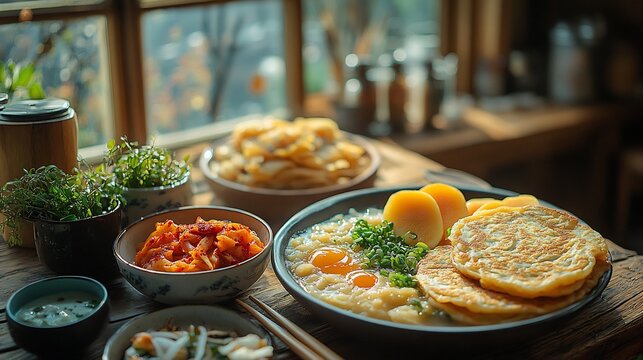 Lunar New Year breakfast with bowls of ttangkong juk peanut porridge kimchi pancakes and persimmon slices enjoyed in a warmly lit room