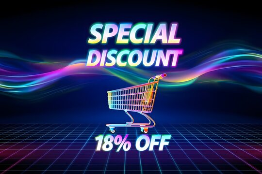 Retro Synthwave Shopping Cart: 18% Off Special Discount Sale Banner