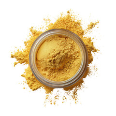 Golden powder spills from a clear jar