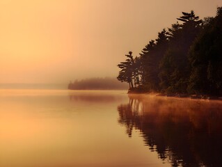 Tranquil Lake Reflection at Warm Golden Sunrise with Trees