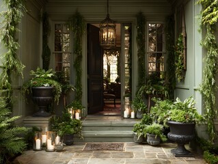 Elegant Green Porch Decorated with Festive Evergreen Garlands and Candlelight
