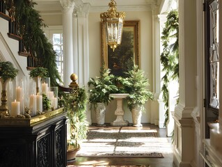 Elegant Entryway Decorated with Greenery and Candles for Festive Holiday Season