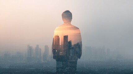 Man silhouette with cityscape double exposure in a hazy atmospheric background.
