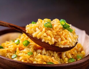 Delicious Yellow Rice Dish with Fresh Green Onion Garnish