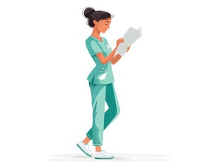 Female Medical Professional Wearing Teal Scrubs Reading Document on White