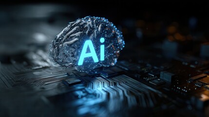 A transparent brain - like structure with glowing "Ai" text sits on a circuit board, representing artificial intelligence and technology.