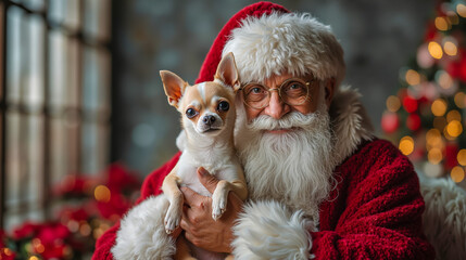 A man in a santa claus outfit holding a small chihuahua in his arms