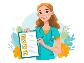 Smiling Female Doctor Holding Clipboard in Teal Scrubs with Flowers