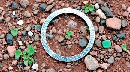 Circular, decorative ring, light-blue/white, set in reddish-brown gravel, small green plants