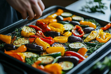 Healthy Baked Vegetables Colorful Roasted Peppers Zucchini Eggplant Dinner Cooking Sheet Pan Meal Generative AI