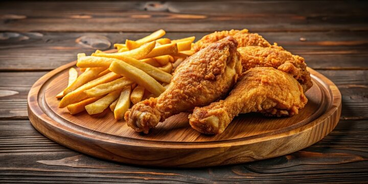 Golden-brown broasted chicken and crispy fries side by side on a wooden platter