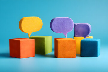 Inclusive language is symbolized by speech bubbles ad vibrant cubes
