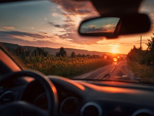 Car Interior View Driving Into Golden Sunset on Country Road