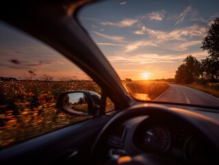 Car Driving on Scenic Road at Sunset with Field of Flowers, Warm Light