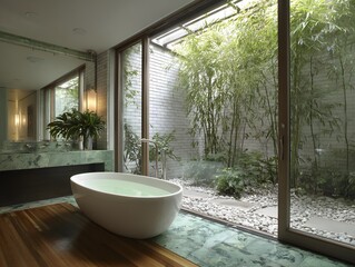 Modern White Bathtub with Serene Bamboo Garden View