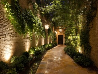 Stone Walkway with Green Ivy in Warmly Lit Garden Pathway