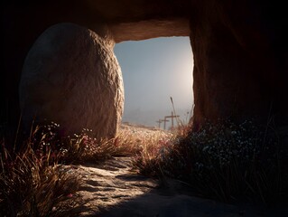Empty Tomb with Rolling Stone, Early Morning Sunlight, Stone Texture