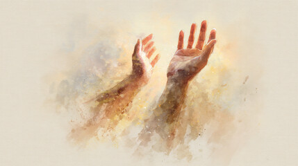 Watercolor Depiction of Hands Raised in Prayer with Spiritual Devotion and Divine Connection