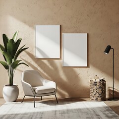 Modern living room with armchair, plant, and empty picture frames