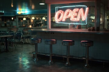 Retro diner interior at night with glowing neon open sign above shiny chrome bar stools and tiled counter, creating a nostalgic vintage atmosphere