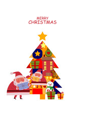 Merry Christmas and Happy New Year modern geometric abstract vector illustration background. Santa Claus, tree, balls, snowman, gift design for cards, poster, banner greeting.