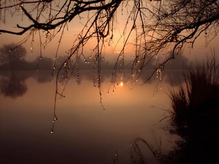 Tranquil Lake at Sunrise with Bare Branches and Water Droplets in Golden Light