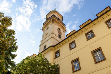 Clementinum Astronomical tower and Baroque Library, former Jesuit college in old historic area of Prague, Czech Republic