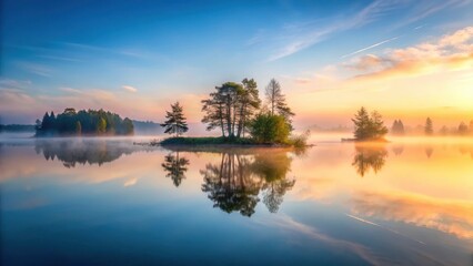 Fototapeta premium Misty Dawn Over Serene Island Lake