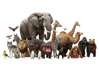 Collection of diverse wild animals including elephants, lions, zebras, and primates on a transparent background