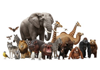 Collection of diverse wild animals including elephants, lions, zebras, and primates on a transparent background