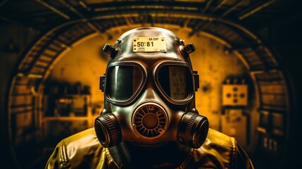 地下室でガスマスクをつけた不気味な人物