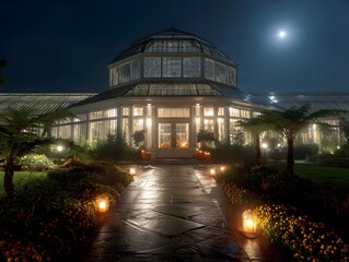 Conservatory Building Beautifully Lit at Night with Pumpkins and Lanterns Creating an Inviting Autumnal Atmosphere Under a Full Moon