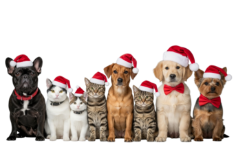Holiday Pet Parade Adorable Dogs and Cats in Festive Santa Hats, Ready for Christmas
